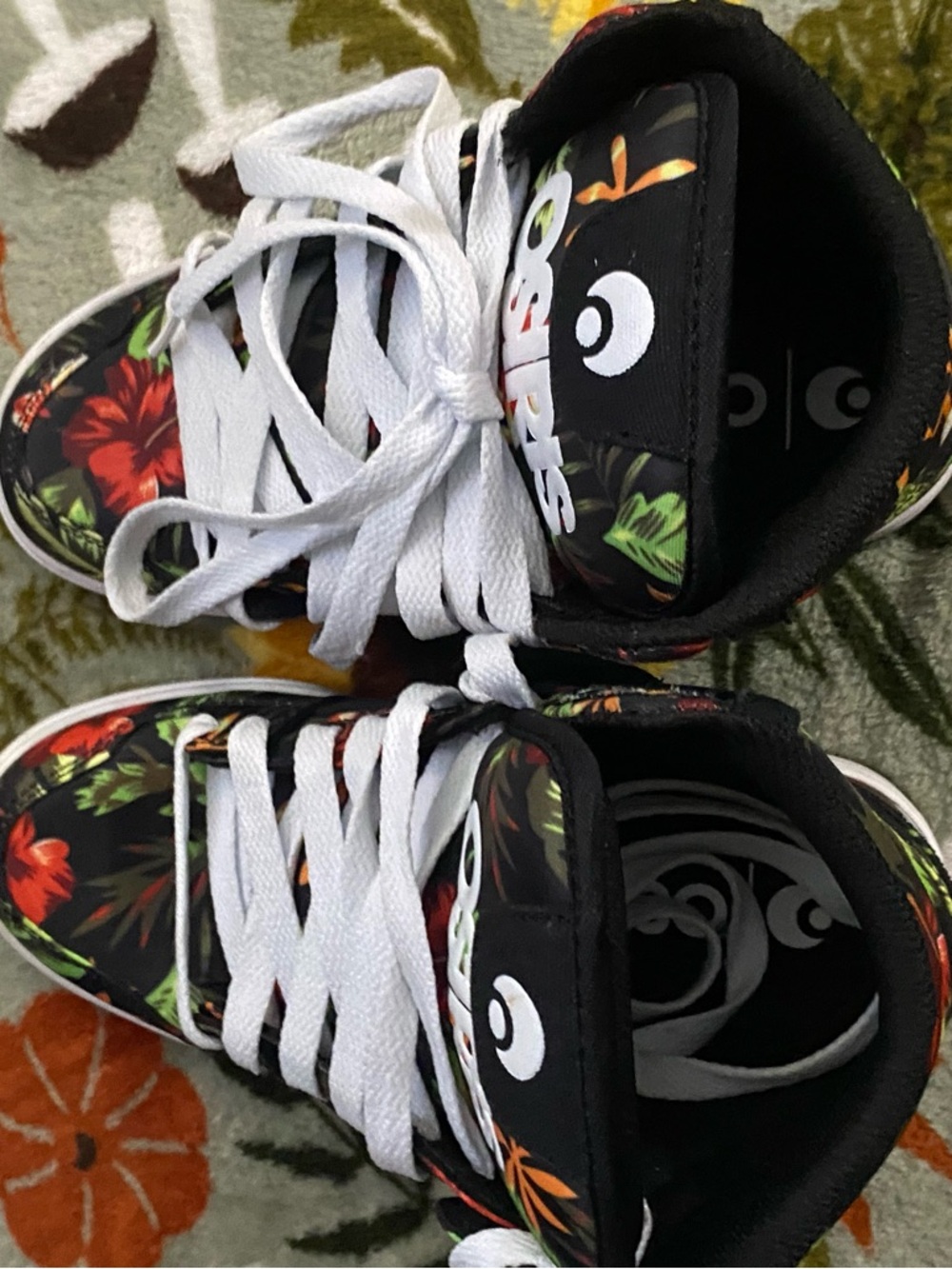 Osiris Kids High-Top Sneakers in Black with Red & Green Floral Accents